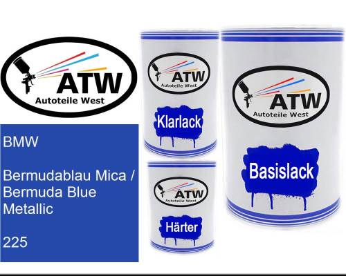 BMW, Bermudablau Mica / Bermuda Blue Metallic, 225: 500ml Lackdose + 500ml Klarlack + 250ml Härter - Set, von ATW Autoteile West.